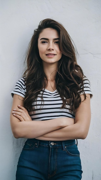 Young pretty girl model standing and posing against white wall