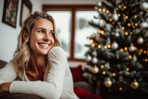 Young pretty model smiles on the sofa with a christmas tree in the background of the living room Ai generated