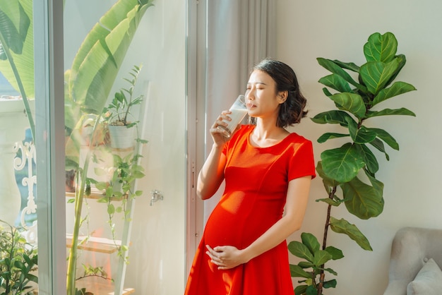 Young pretty pregnant woman drinking milk when standing behind the window