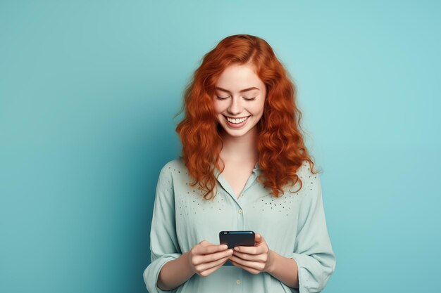 Young pretty Redhead girl over colorful background using mobile phone