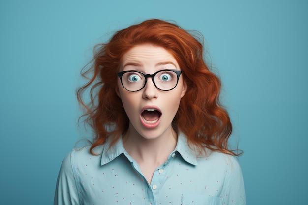 Young pretty Redhead girl over colorful background with glasses