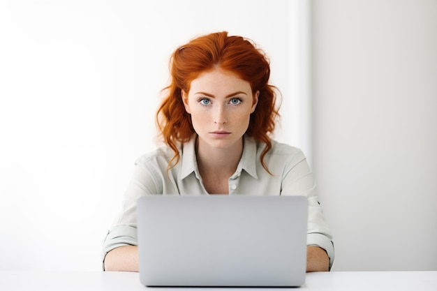 Young pretty redhead girl over isolated white background working with a laptop