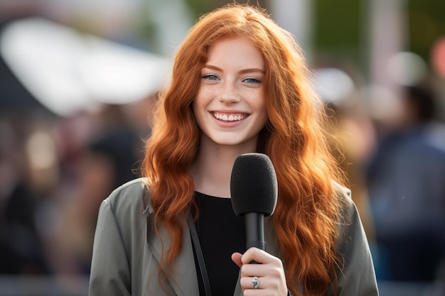 Young pretty redhead woman at outdoors as a reporter holding a microphone and reporting news