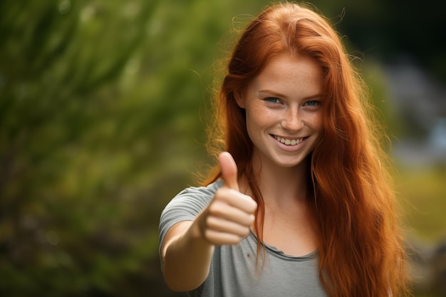 Young pretty redhead woman at outdoors with thumb up