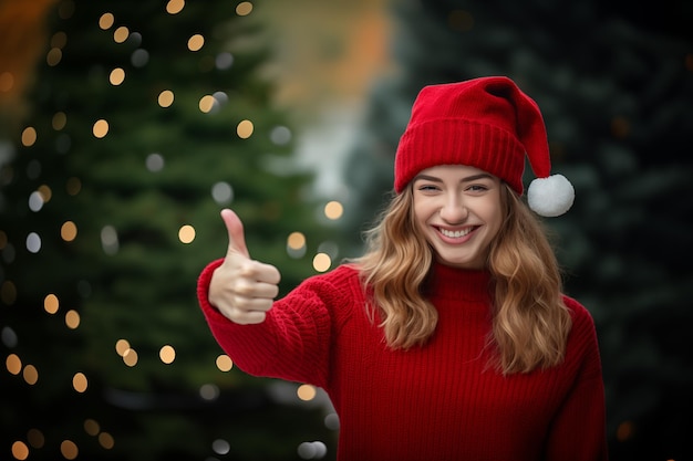 Young pretty redhead woman with christmas hat with thumb up