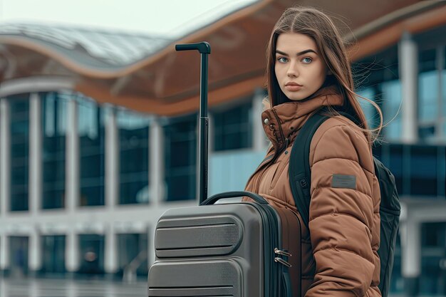 Young pretty sportive girl posing with her luggage near airport