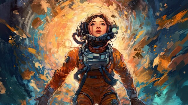 Young pretty woman astronaut exploring outer space