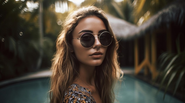 Young pretty woman dressed in trendy stylish sunglasses Generative AI