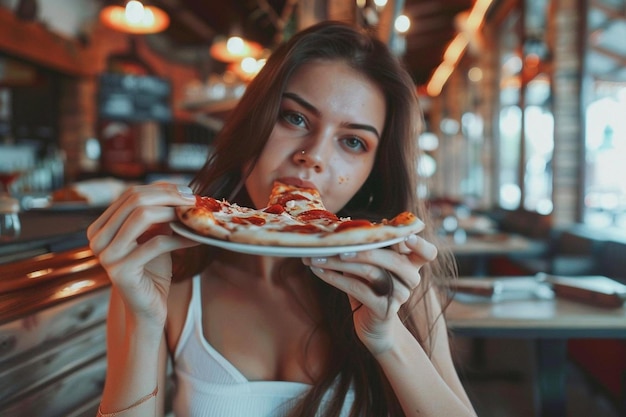 Young pretty woman eating pizza at a bar