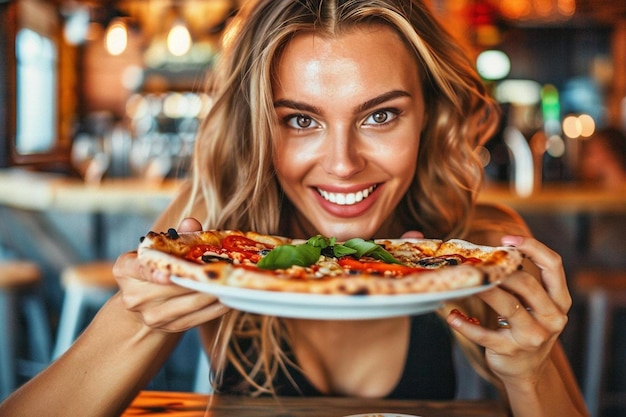 Young pretty woman eating pizza at a bar