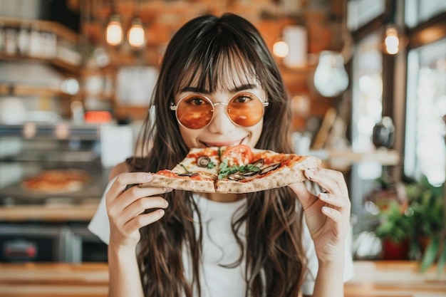 Young pretty woman eating pizza at a bar