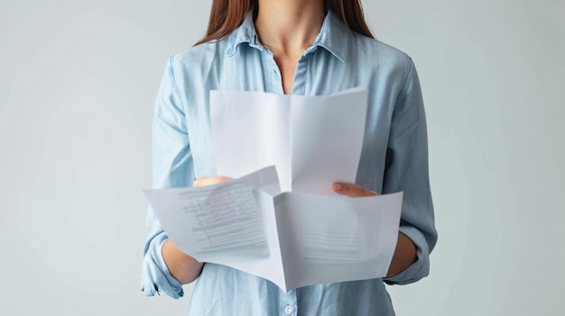 Photo young pretty woman holding office documents in female hands