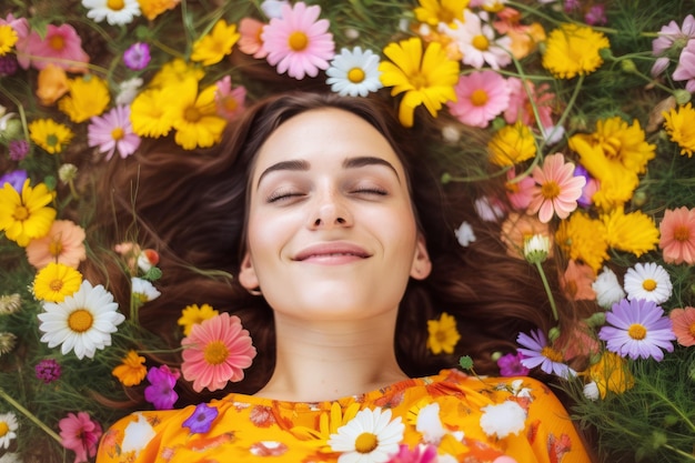 Young pretty woman laying down in a field full of spring flowers generative ai