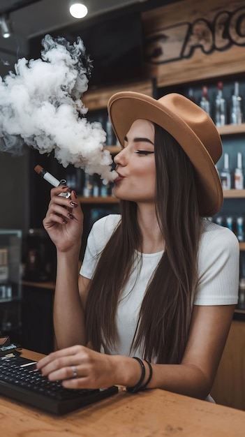 Photo young pretty woman smoke an electronic cigarette at the vape bar vape shop