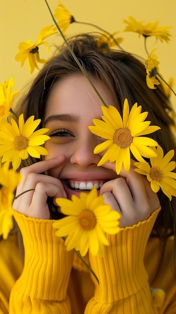 Young pretty woman stands among blooming sunflowers