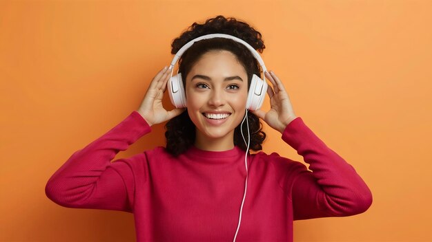 Young pretty woman wearing headphones listening to music isolated on orange