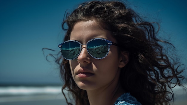 Young pretty woman wearing stylish sunglasses on the beach Generative AI