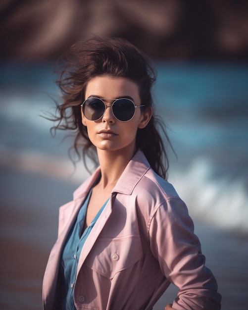 Young pretty woman wearing stylish sunglasses on the beach Generative AI