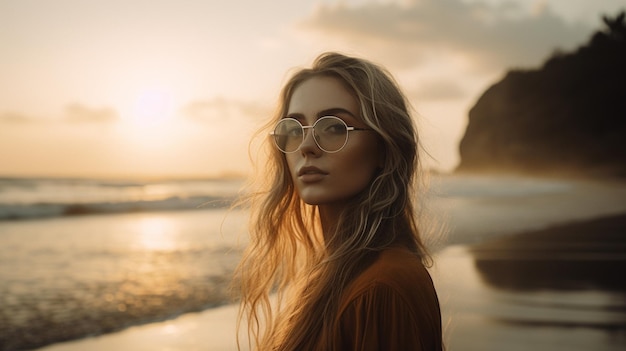 Young pretty woman wearing stylish sunglasses on the beach Generative AI