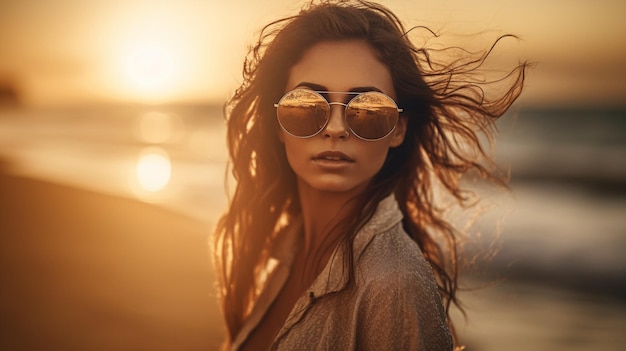 Young pretty woman wearing stylish sunglasses on the beach Generative AI