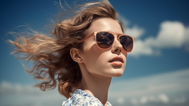 Young pretty woman wearing stylish sunglasses on the beach Generative AI