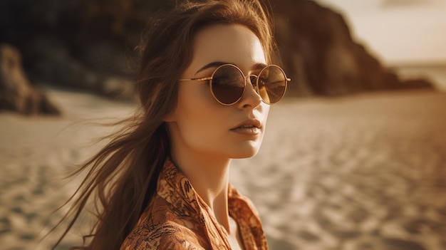 Young pretty woman wearing stylish sunglasses on the beach Generative AI