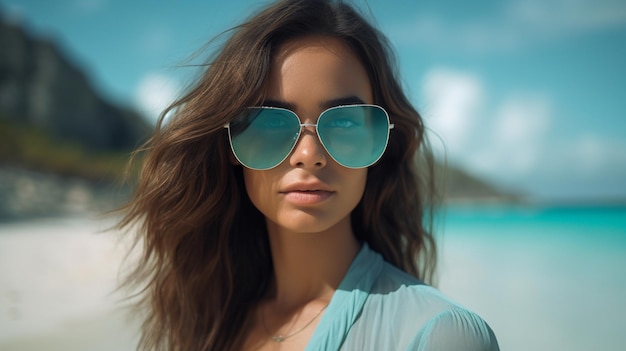 Young pretty woman wearing stylish sunglasses on the beach Generative AI