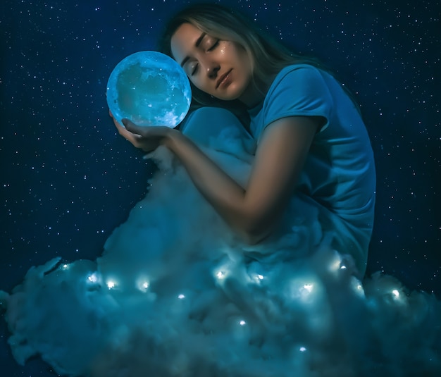 Young pretty woman with the full moon and clouds on the starry blue background closeup.Art processing