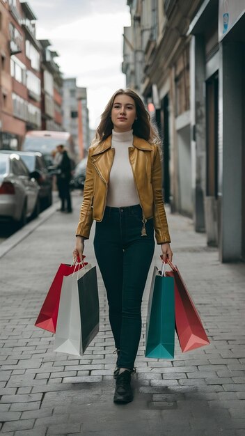 Young pretty woman with shopping bags walking on the city street