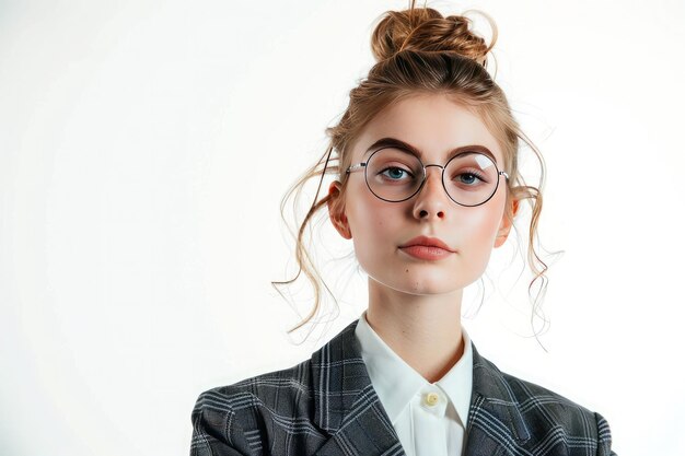 Photo young professional displaying confidence in a stylish plaid blazer against a minimalist backdrop