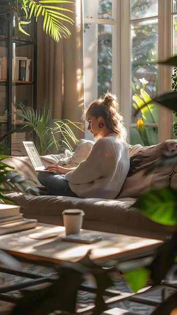 Photo young professional embracing remote work with modern comforts and natural light for a productive hom