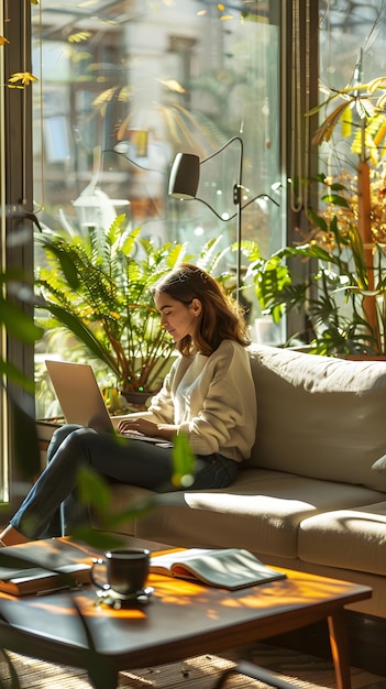 Photo young professional embracing remote work with modern comforts and natural light for a productive hom