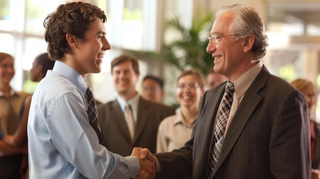 Photo a young professional is shaking hands and exchanging smiles with a colleague in a corporate setting reflecting a positive business interaction