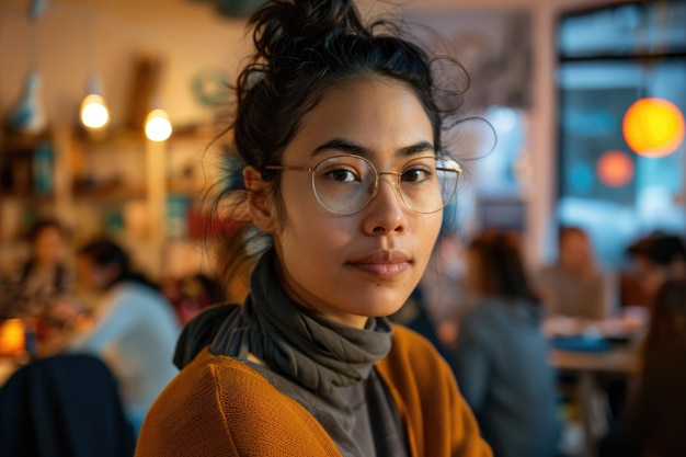 A young professional is working in a modern coffee shop with cozy ambient lighting AIG58