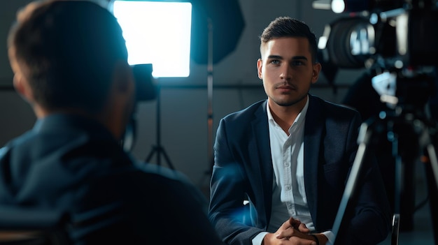 A young professional listens attentively during a recorded interview session illuminated by studio lighting