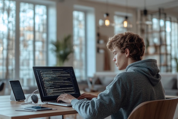 Photo a young professional software developer working on a laptop in a modern office space