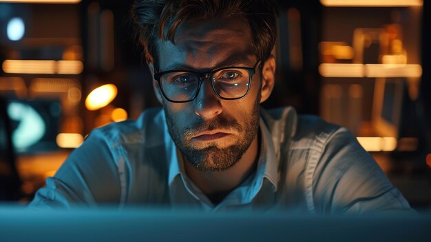 Young professional staring blankly at a computer screen in a dimly lit office