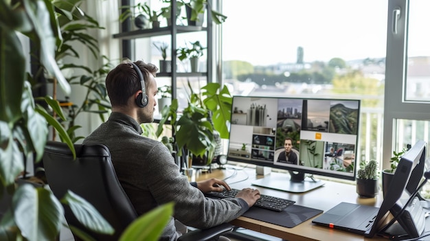 Photo young professional on a video call in a private office with modern decor