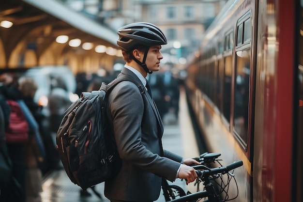 Photo young professional with bike at busy train station