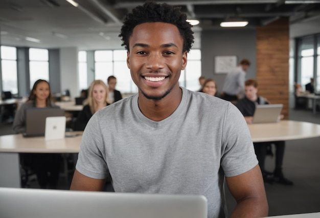 A young professional with a laptop in a lively office environment engaged in work and productivity