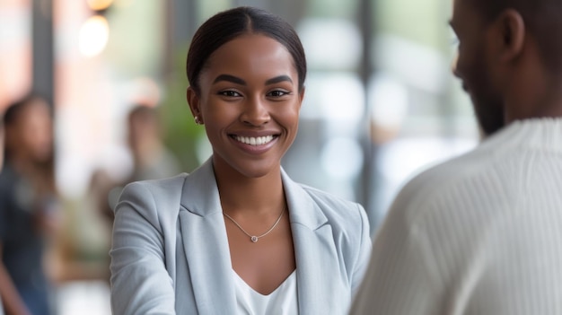 young professional woman is smiling and engaging in a conversation with an outoffocus male colleague in a bright office environment