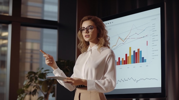 Young professional woman making a presentation on a large screen with ample bottom copyspace