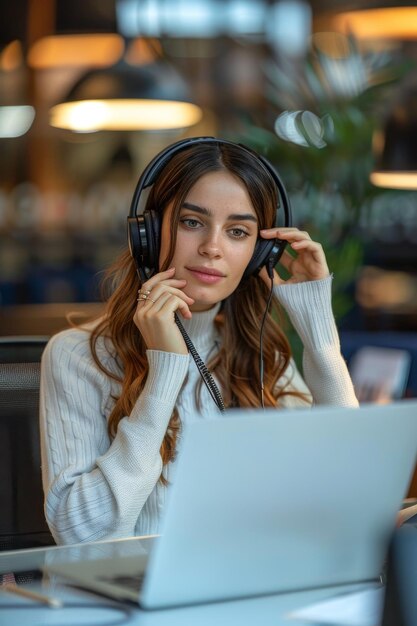 A young professional woman multitasks with a smartphone and laptop in a modern office environment headphones on for concentration