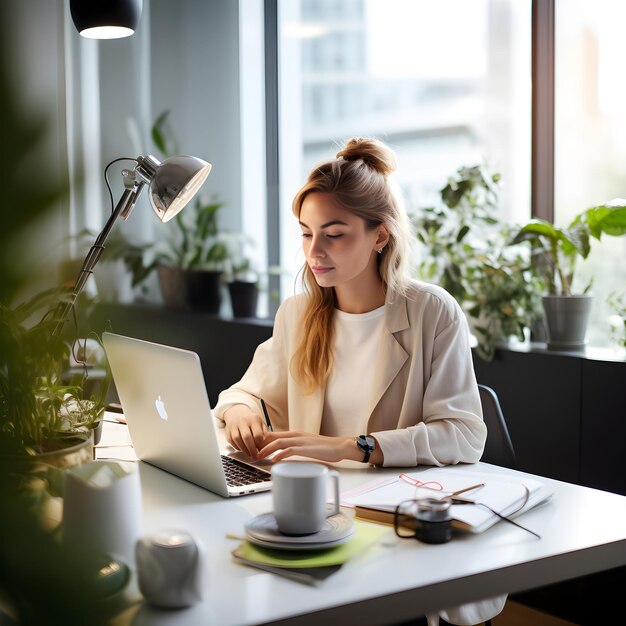 Young Professional Woman Working on Laptop in Modern Office Environment