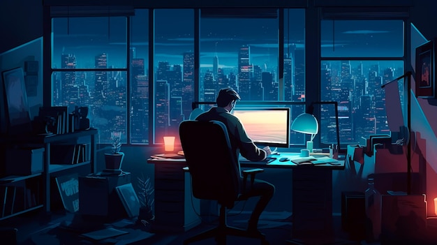 Young professional working from home throughout the evening Young businessman in a nighttime metropolis focused using a computer at his desk Homework on concepts drawing of a cartoon Generative AI