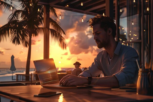 Photo young professional working on laptop at beach