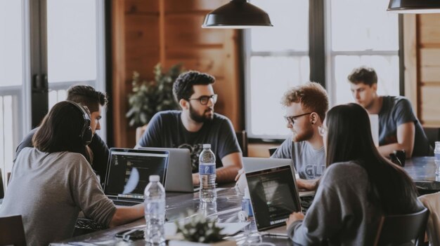 Young professionals engaged in team meeting at cozy office