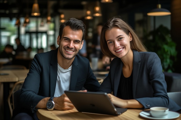 Young professionals smiling and using a tablet together in a cafe working or discussing