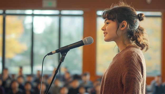 Photo young public speaker giving speech to the audience in a hall room