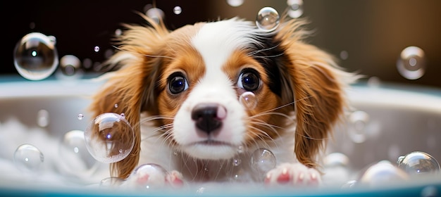 Photo young puppy enjoying a bubble bath in a blue tub on a sunny day indoors